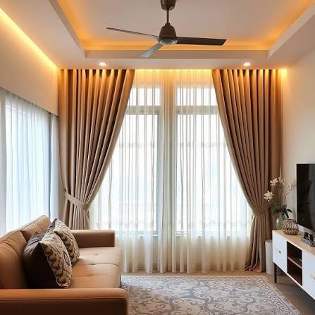 Jayesh Curtain showroom in Gota Ahmedabad — living room styled with premium window curtains